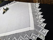 Load image into Gallery viewer, Vintage Embroidered Irish Linen Tablecloth with Filet Crochet Edging