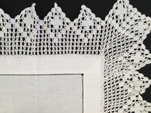 Load image into Gallery viewer, Vintage Embroidered Irish Linen Tablecloth with Filet Crochet Edging