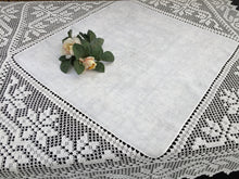 Load image into Gallery viewer, Vintage Irish Art Nouveau Style Damask Linen Tablecloth with Deep Filet Crochet Lace Edging