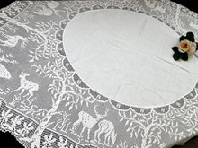 Load image into Gallery viewer, Collectible Vintage Irish Lace and Linen Tablecloth with Mary Card Designed Filet Crochet Edging "Woodland Animals"