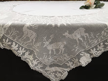Load image into Gallery viewer, Collectible Vintage Irish Lace and Linen Tablecloth with Mary Card Designed Filet Crochet Edging "Woodland Animals"