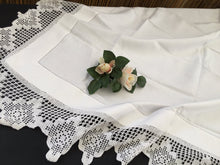 Load image into Gallery viewer, Antique Ajour Openwork Embroidered Irish Linen Tablecloth with Deep Floral Filet Crochet Edging