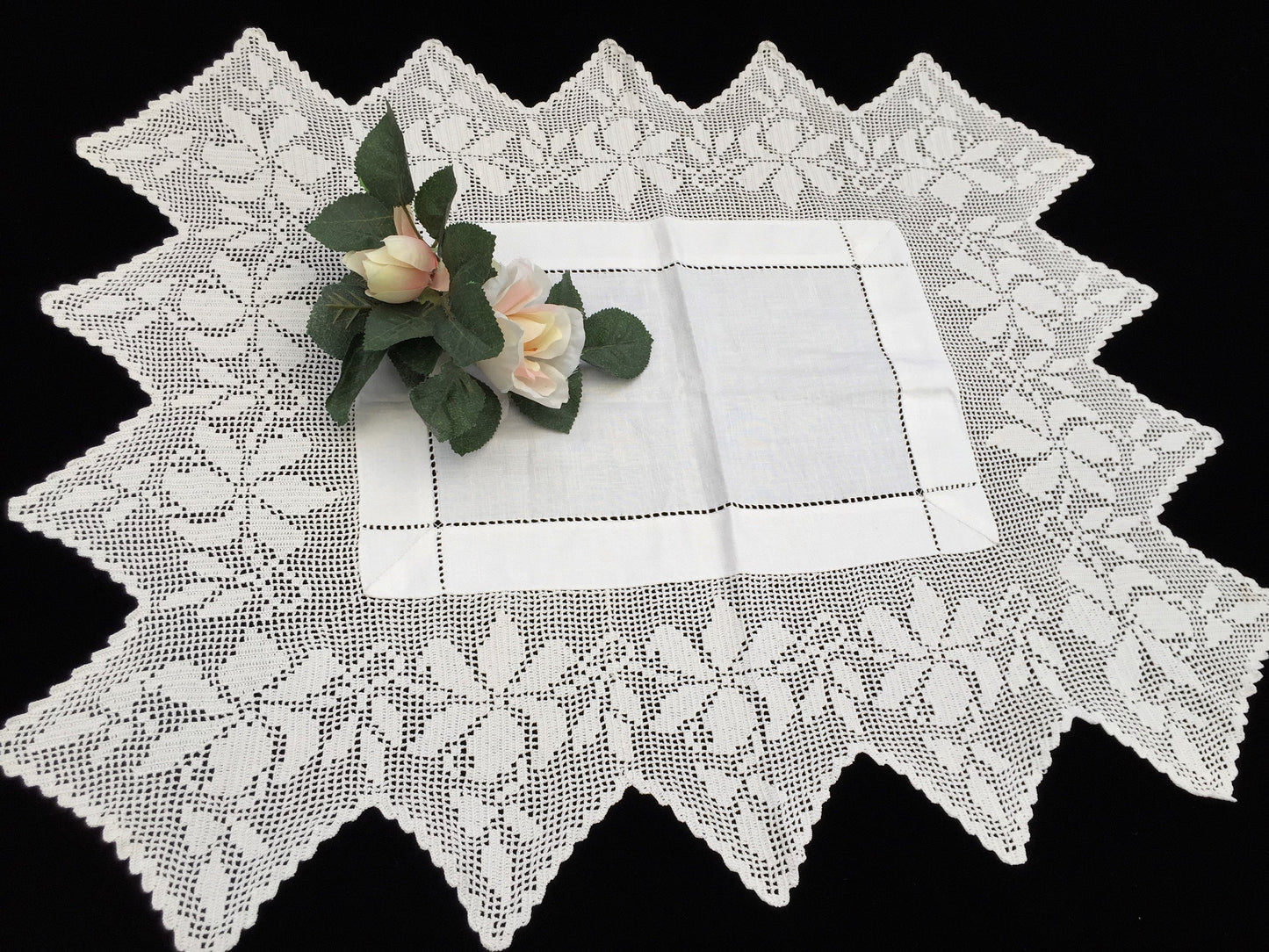 Antique Irish Linen and Lace Butler's Cloth with Ajour Openwork Embroidered and Deep Filet Crochet Edging