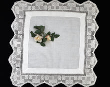 Load image into Gallery viewer, Antique Irish Lace and Linen Tablecloth with Openwork Ajour Embroidery and Filet Crochet Edging