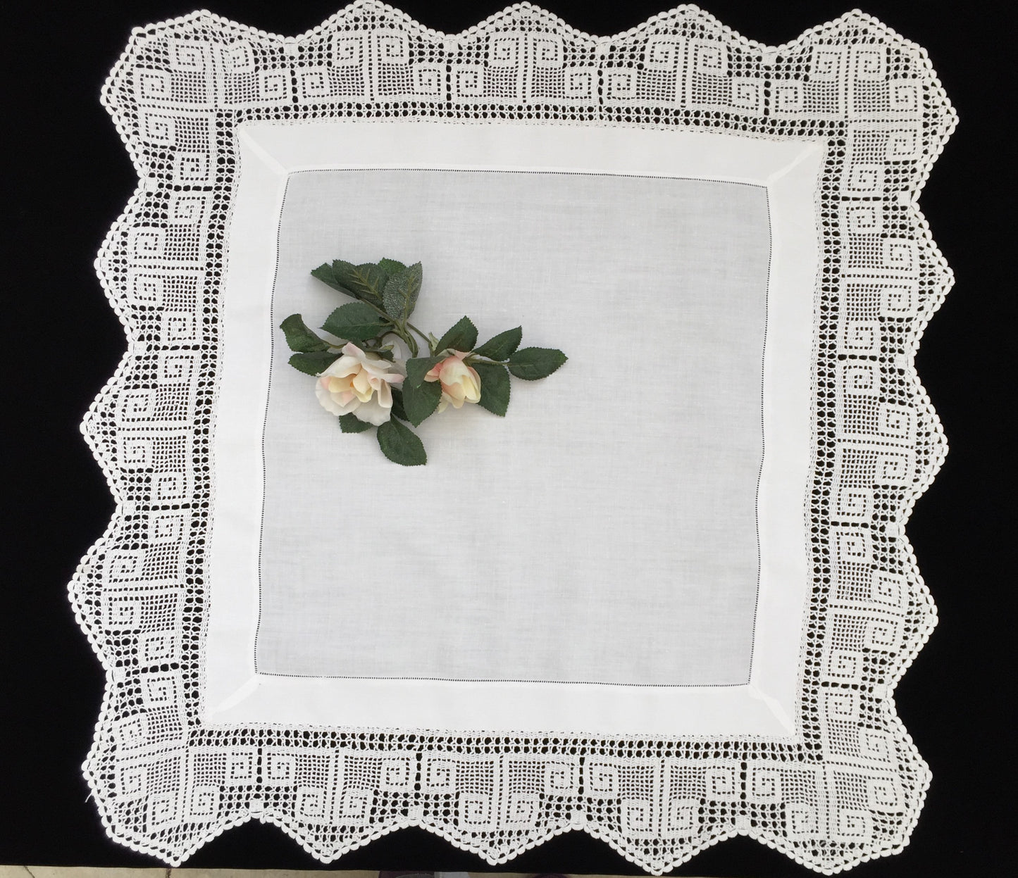 Antique Irish Lace and Linen Tablecloth with Openwork Ajour Embroidery and Filet Crochet Edging