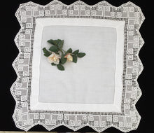 Load image into Gallery viewer, Antique Irish Lace and Linen Tablecloth with Openwork Ajour Embroidery and Filet Crochet Edging