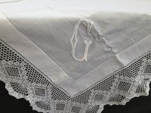 Load image into Gallery viewer, Vintage Art Deco Style Irish Linen Monogrammed (G) Tablecloth with Ajour Openwork Embroidery and Deep Filet Crochet Edging