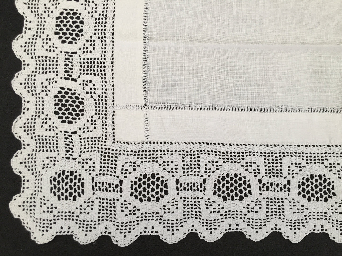Antique Irish Linen and Lace Table Topper with Ajour Openwork Embroidery and Deep Filet Crochet Edging