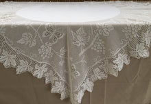 Load image into Gallery viewer, Antique Irish Lace and Linen Tablecloth with Mary Card Designed Filet Crochet Edging "Grapevine and Butterflies" Chart  No. 51" Collectible