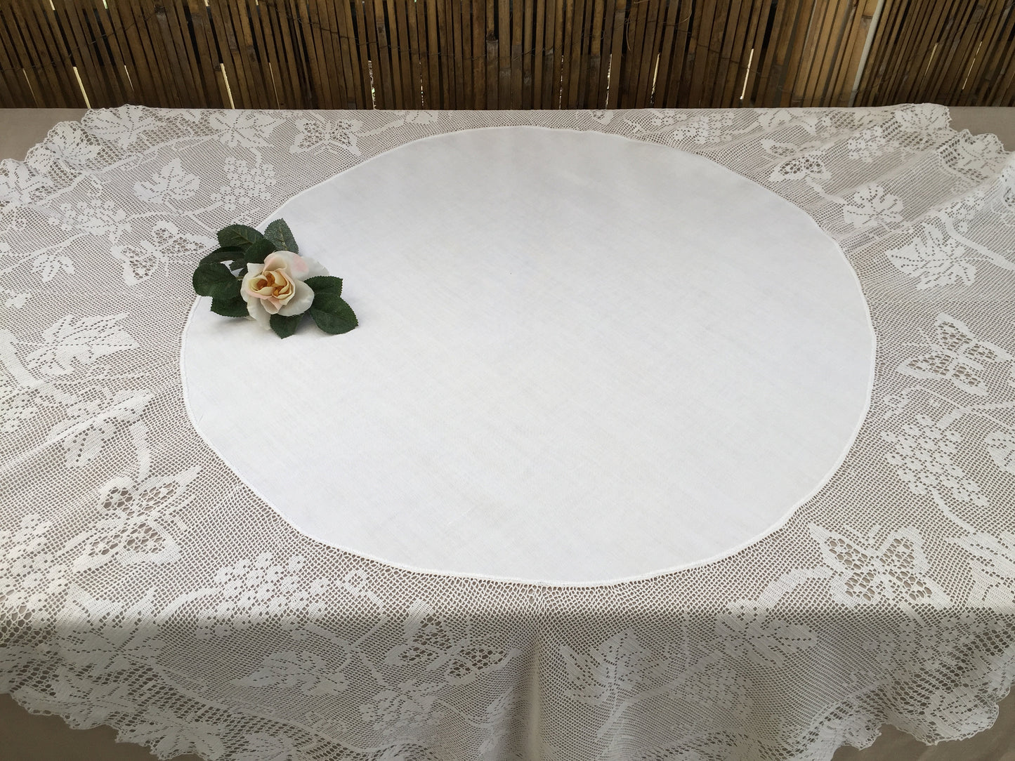 Antique Irish Lace and Linen Tablecloth with Mary Card Designed Filet Crochet Edging "Grapevine and Butterflies" Chart No. 51" Collectible