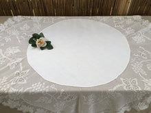 Load image into Gallery viewer, Antique Irish Lace and Linen Tablecloth with Mary Card Designed Filet Crochet Edging "Grapevine and Butterflies" Chart  No. 51" Collectible