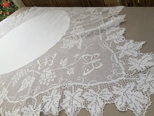 Load image into Gallery viewer, Antique Irish Lace and Linen Tablecloth with Mary Card Designed Filet Crochet Edging "Grapevine and Butterflies" Chart  No. 51" Collectible