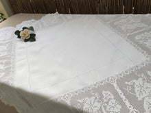 Load image into Gallery viewer, Collectible Antique Irish Lace and Linen Tablecloth with Filet Crochet Edging "Convolvulus" Trumpet Flower Design