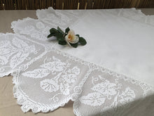 Load image into Gallery viewer, Collectible Antique Irish Lace and Linen Tablecloth with Filet Crochet Edging "Convolvulus" Trumpet Flower Design