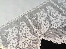 Load image into Gallery viewer, Collectible Antique Irish Lace and Linen Tablecloth with Filet Crochet Edging "Convolvulus" Trumpet Flower Design