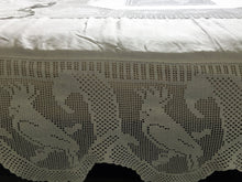 Load image into Gallery viewer, Antique Irish Lace and Linen Bed Cover with Mary Card Designed Filet Crochet Inlays and Edging "Australian Animals"