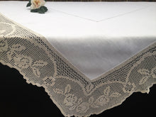 Load image into Gallery viewer, Vintage Irish Lace and Linen Off-white Tablecloth with Beige Filet Crochet Lace Edging