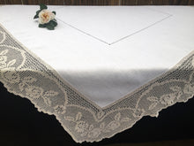 Load image into Gallery viewer, Vintage Irish Lace and Linen Off-white Tablecloth with Beige Filet Crochet Lace Edging