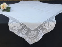 Load image into Gallery viewer, Small Vintage Collectible Irish Lace and Linen Card Tablecloth with Mary Card Designed Anemones Filet Crochet Edging