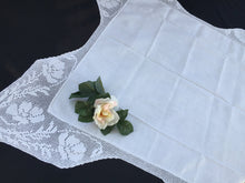 Load image into Gallery viewer, Small Vintage Collectible Irish Lace and Linen Card Tablecloth with Mary Card Designed Anemones Filet Crochet Edging
