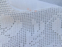 Load image into Gallery viewer, Small Vintage Collectible Irish Lace and Linen Card Tablecloth with Mary Card Designed Anemones Filet Crochet Edging