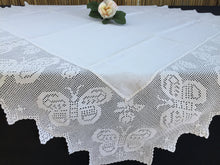Load image into Gallery viewer, Antique White Irish Linen Tablecloth with Butterflies and Roses Deep Filet Crochet Lace Edging