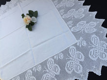 Load image into Gallery viewer, Antique White Irish Linen Tablecloth with Butterflies and Roses Deep Filet Crochet Lace Edging