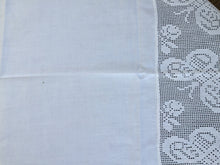 Load image into Gallery viewer, Antique White Irish Linen Tablecloth with Butterflies and Roses Deep Filet Crochet Lace Edging
