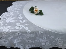 Load image into Gallery viewer, Wild Rose and Pigeon Vintage Collectible Irish Lace and Linen Tablecloth with Mary Card Designed Filet Crochet Edging