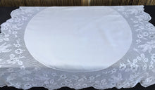 Load image into Gallery viewer, Wild Rose and Pigeon Vintage Collectible Irish Lace and Linen Tablecloth with Mary Card Designed Filet Crochet Edging