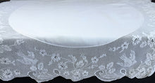 Load image into Gallery viewer, Wild Rose and Pigeon Vintage Collectible Irish Lace and Linen Tablecloth with Mary Card Designed Filet Crochet Edging