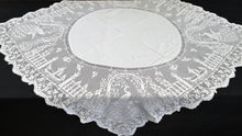 Load image into Gallery viewer, Mary Card "The Garden" Crochet Lace and Irish Linen Collectible Vintage Tablecloth with Peacocks in the Garden Chart No. 68