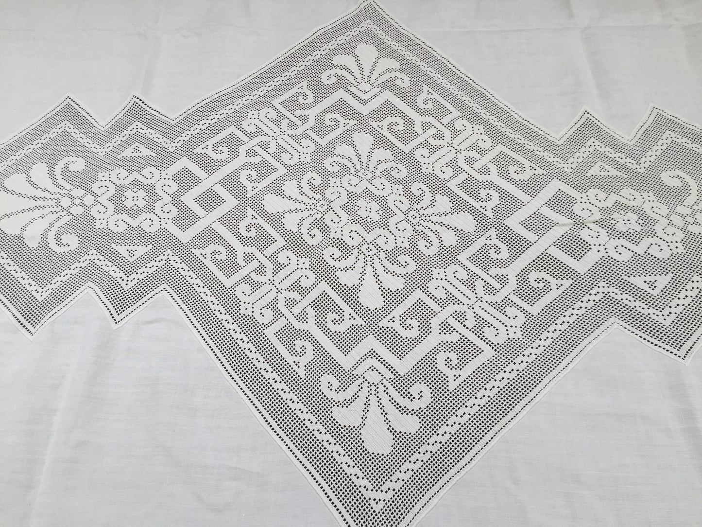 Large Oblong Vintage Irish Linen and Art Deco Off-White Filet Crochet Inlay and Edging