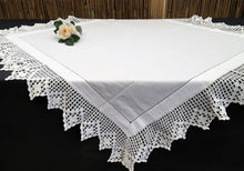 Load image into Gallery viewer, Vintage Embroidered Irish Linen Tablecloth with Filet Crochet Edging