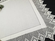 Load image into Gallery viewer, Vintage Embroidered Irish Linen Tablecloth with Filet Crochet Edging