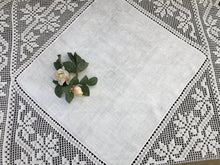 Load image into Gallery viewer, Vintage Irish Art Nouveau Style Damask Linen Tablecloth with Deep Filet Crochet Lace Edging