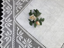 Load image into Gallery viewer, Vintage Irish Art Nouveau Style Damask Linen Tablecloth with Deep Filet Crochet Lace Edging