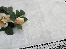 Load image into Gallery viewer, Vintage Irish Art Nouveau Style Damask Linen Tablecloth with Deep Filet Crochet Lace Edging