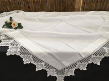Load image into Gallery viewer, Antique Ajour Openwork Embroidered Irish Linen Tablecloth with Deep Floral Filet Crochet Edging