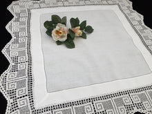 Load image into Gallery viewer, Antique Irish Lace and Linen Tablecloth with Openwork Ajour Embroidery and Filet Crochet Edging