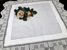 Load image into Gallery viewer, Antique Irish Lace and Linen Tablecloth with Openwork Ajour Embroidery and Filet Crochet Edging
