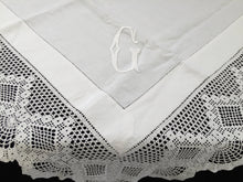 Load image into Gallery viewer, Vintage Art Deco Style Irish Linen Monogrammed (G) Tablecloth with Ajour Openwork Embroidery and Deep Filet Crochet Edging