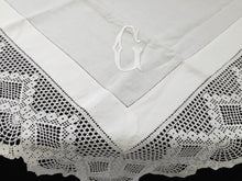 Load image into Gallery viewer, Vintage Art Deco Style Irish Linen Monogrammed (G) Tablecloth with Ajour Openwork Embroidery and Deep Filet Crochet Edging
