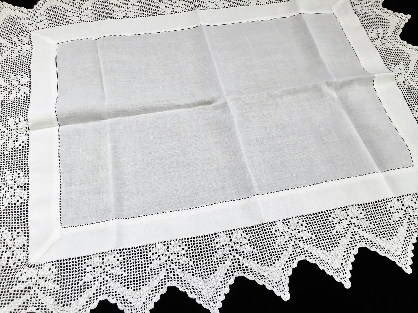 Antique Irish Linen and Lace Table Topper with Ajour Openwork Embroidery and Deep Filet Crochet Edging