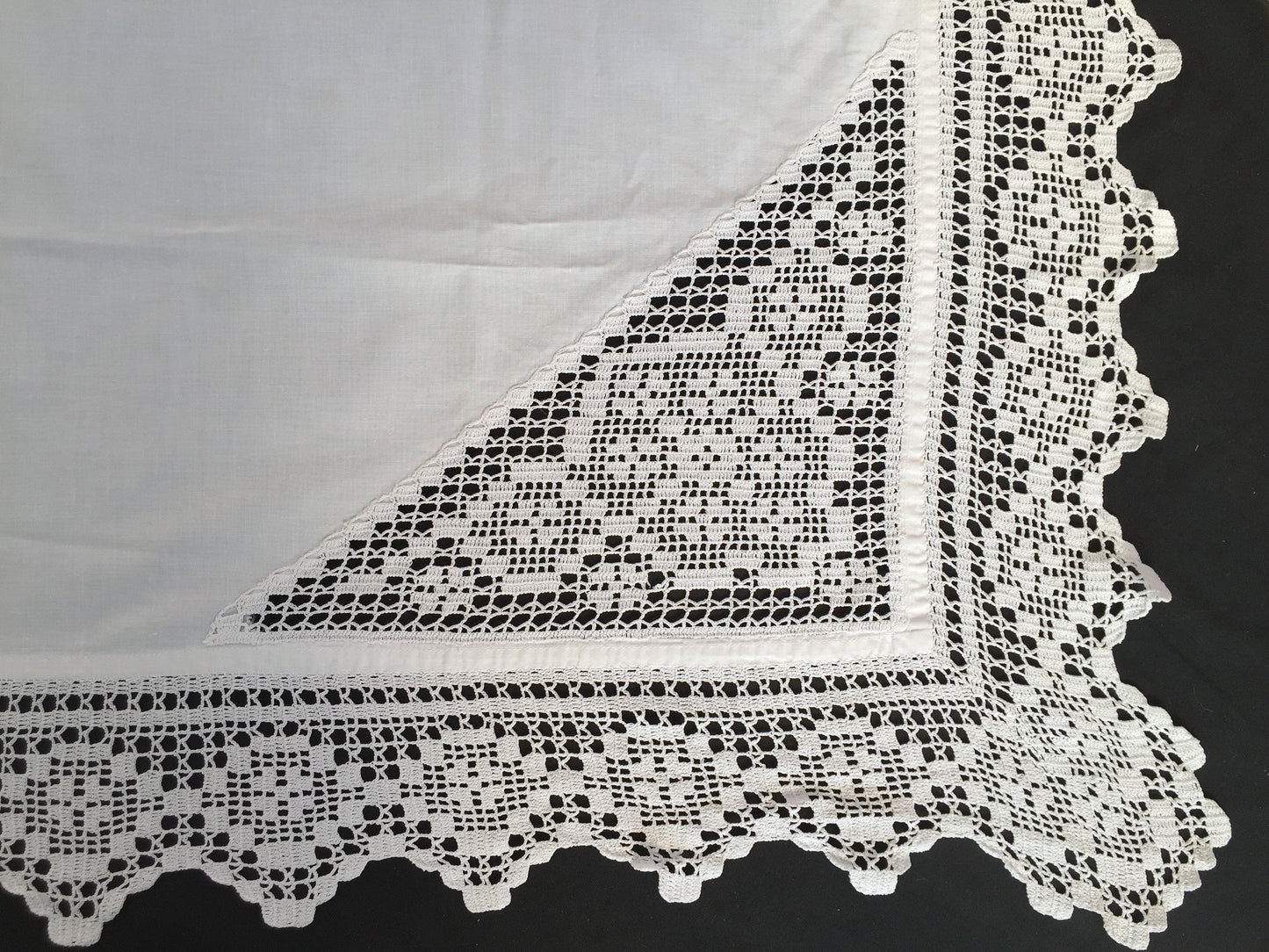 Antique Irish Linen Tablecloth with Crochet Lace Insets and Edging