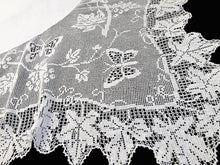 Load image into Gallery viewer, Antique Irish Lace and Linen Tablecloth with Mary Card Designed Filet Crochet Edging "Grapevine and Butterflies" Chart  No. 51" Collectible