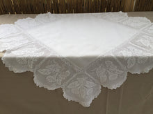 Load image into Gallery viewer, Collectible Antique Irish Lace and Linen Tablecloth with Filet Crochet Edging "Convolvulus" Trumpet Flower Design