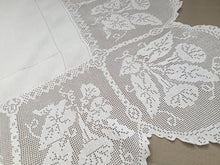 Load image into Gallery viewer, Collectible Antique Irish Lace and Linen Tablecloth with Filet Crochet Edging "Convolvulus" Trumpet Flower Design