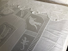 Load image into Gallery viewer, Antique Irish Lace and Linen Bed Cover with Mary Card Designed Filet Crochet Inlays and Edging "Australian Animals"