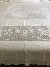 Load image into Gallery viewer, Vintage Lace and Linen Bed Cover with Mary Card Designed Filet Crochet Inlay "Peacock and Grapevine"